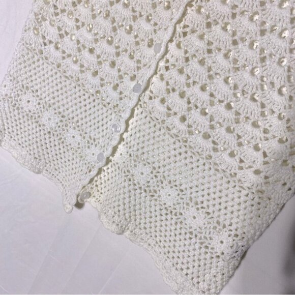 Vintage Cream Crochet Lace Knit Button Front Short Sleeve Cardigan M - Picture 8 of 12